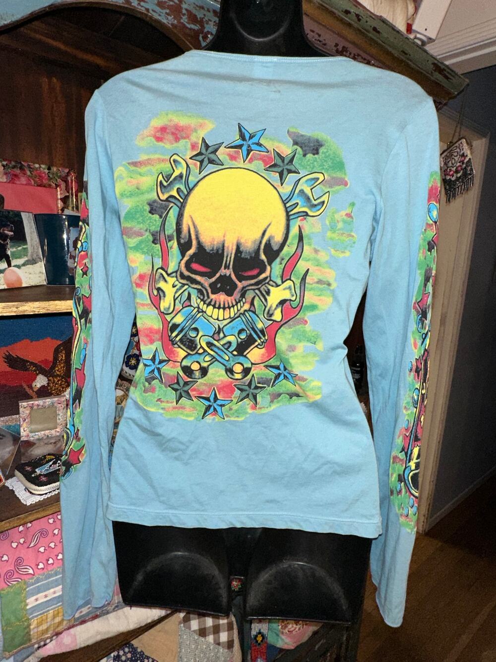 Y2K 2B FREE LONG SLEEVED SKULL TATTOO TOP TEE